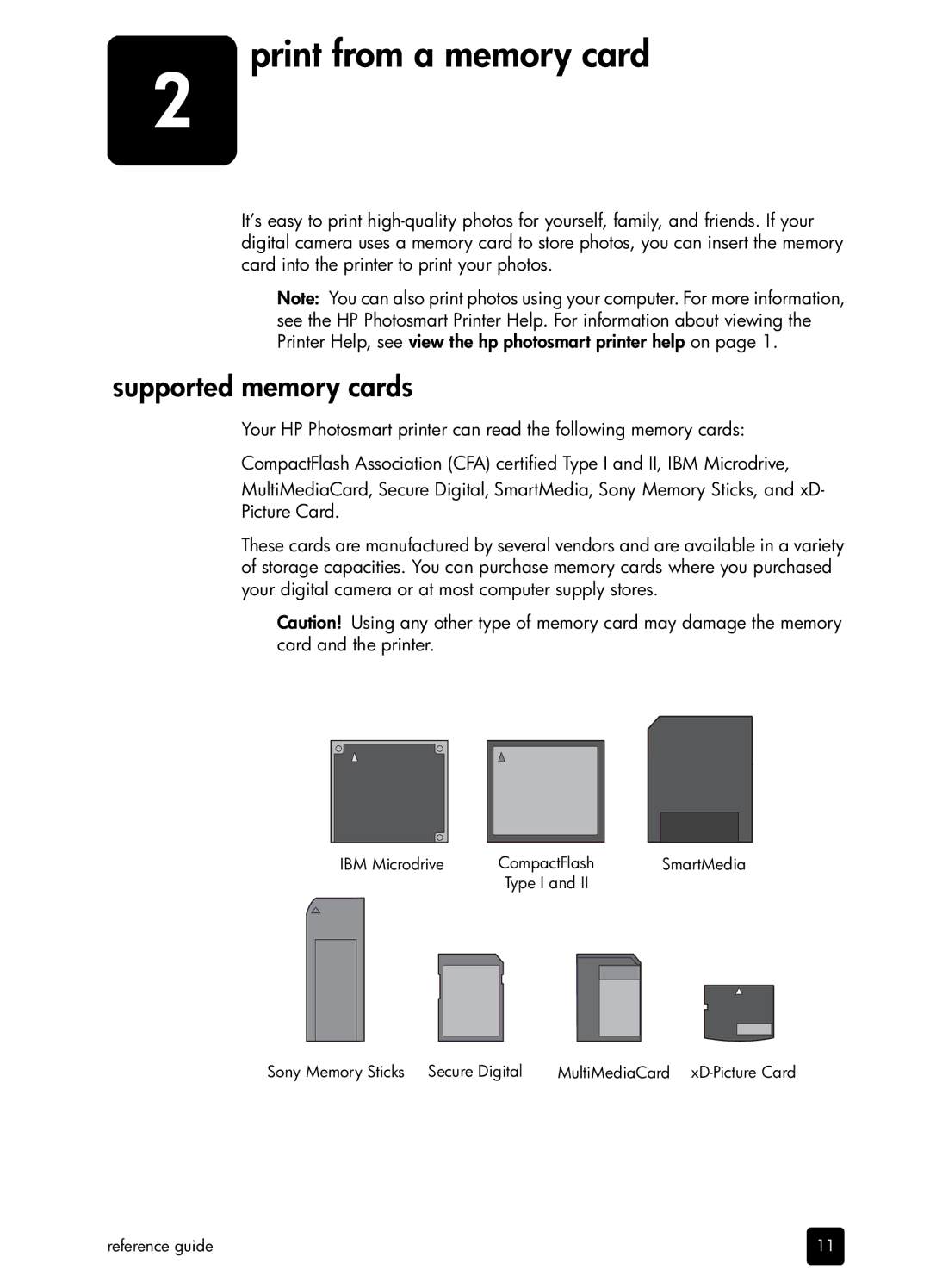 H-P Products SDGOA-0372 manual Print from a memory card, Supported memory cards 