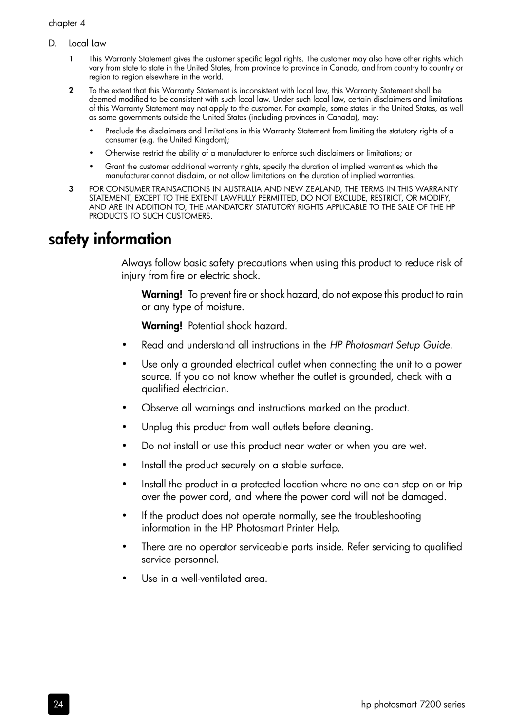 H-P Products SDGOA-0372 manual Safety information, Chapter Local Law 