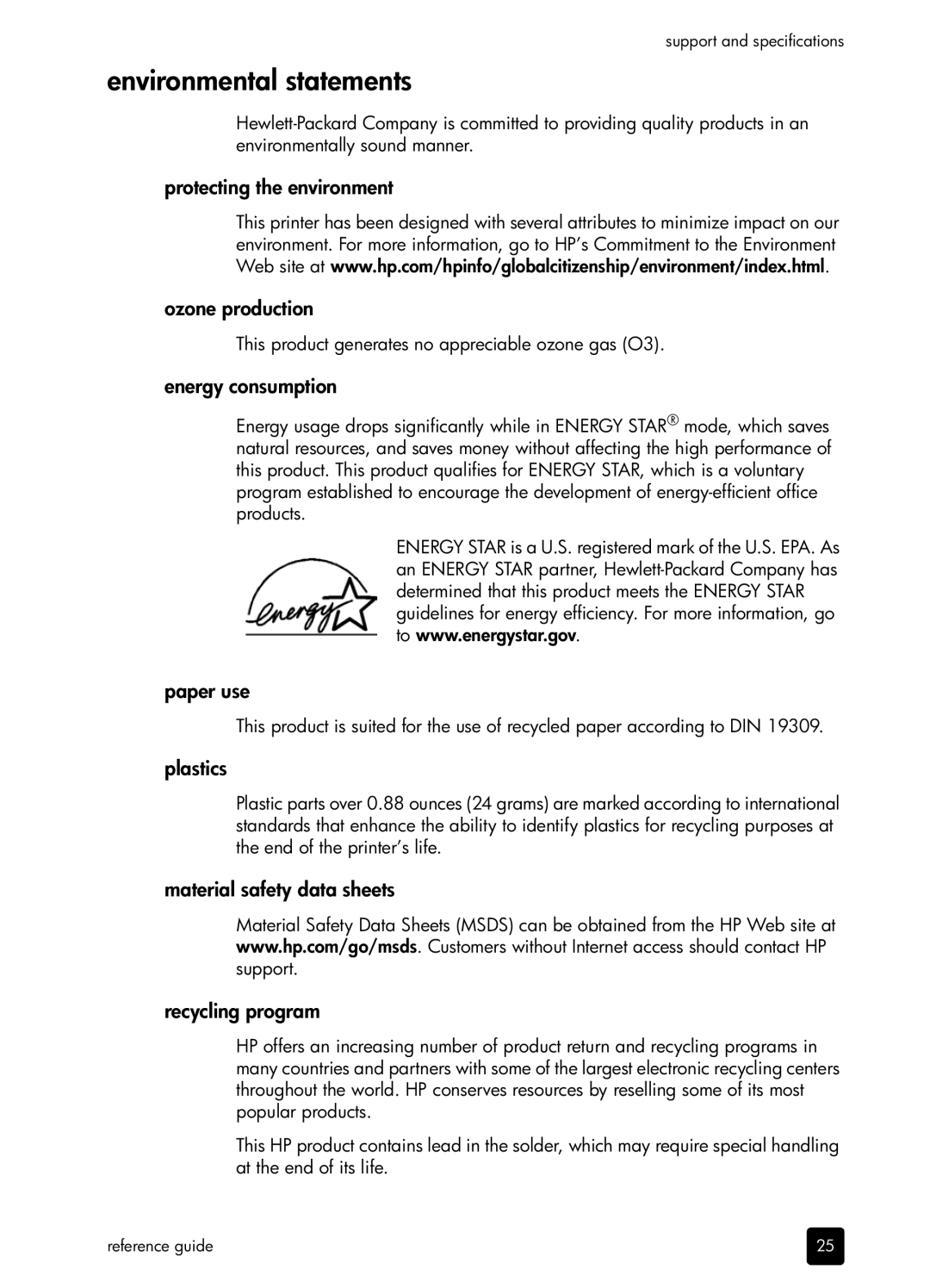 H-P Products SDGOA-0372 manual Environmental statements 