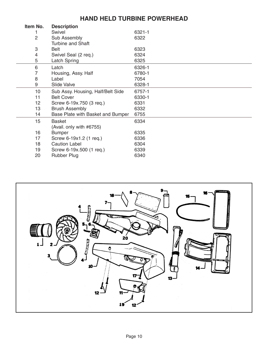 H-P Products T210, 7161 instruction manual Hand Held Turbine Powerhead, Item No Description 