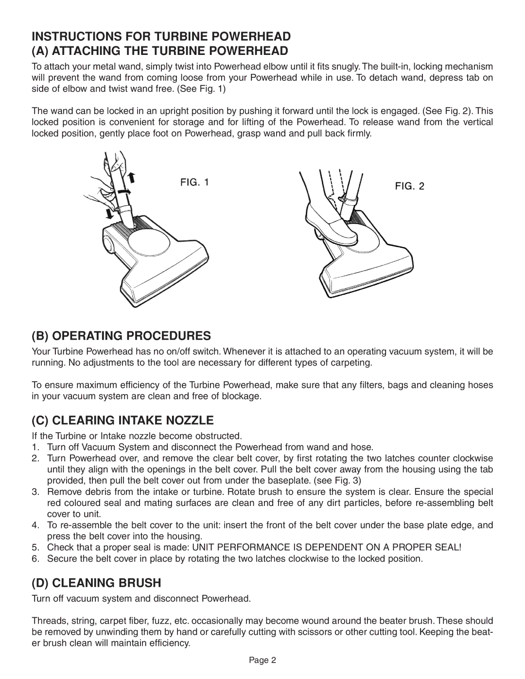 H-P Products T210, 7161 instruction manual Operating Procedures, Clearing Intake Nozzle, Cleaning Brush 