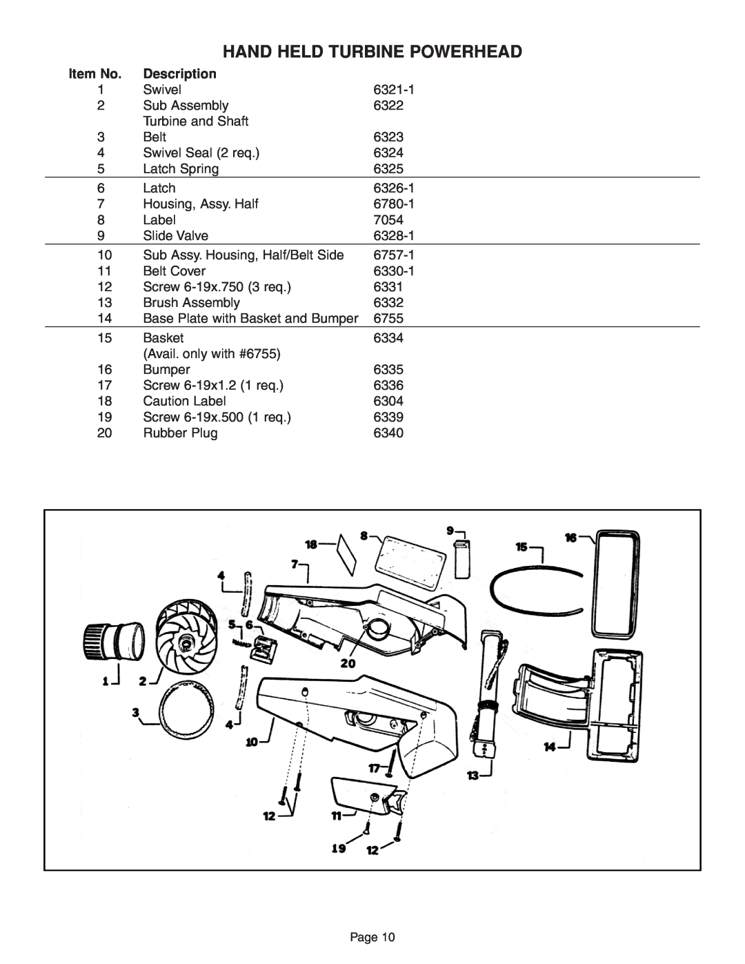 H-P Products T210, 7161 instruction manual Hand Held Turbine Powerhead, Item No, Description 