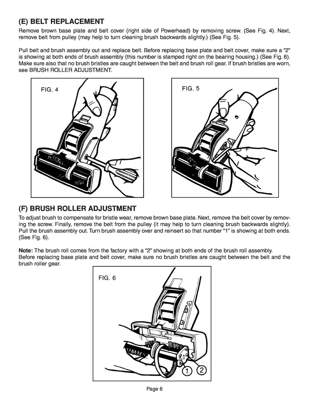 H-P Products T210, 7161 instruction manual E Belt Replacement, F Brush Roller Adjustment 
