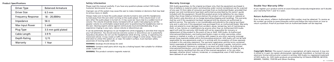 H2O Audio BA1-70, BA1-GY manual Product Specifications, Safety Information, Warranty Coverage 