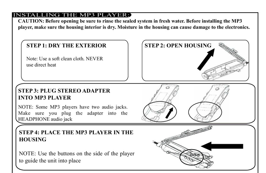 H2O Audio D2-1C1, DV-i700 instruction manual Installing the MP3 Player 