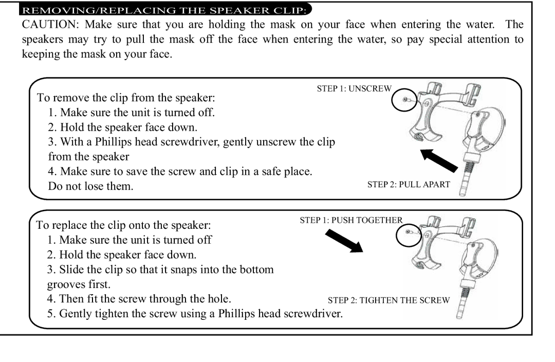 H2O Audio D2-1C1, DV-i700 instruction manual REMOVING/REPLACING the Speaker Clip 