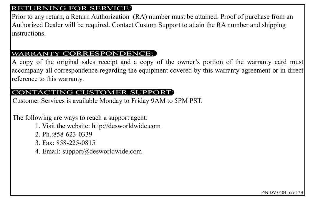 H2O Audio D2-1C1, DV-i700 instruction manual Returning for Service, Warranty Correspondence, Contacting Customer Support 