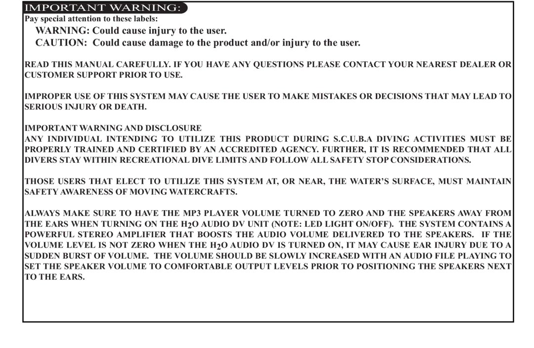 H2O Audio DV-i700, D2-1C1 instruction manual Important Warning 