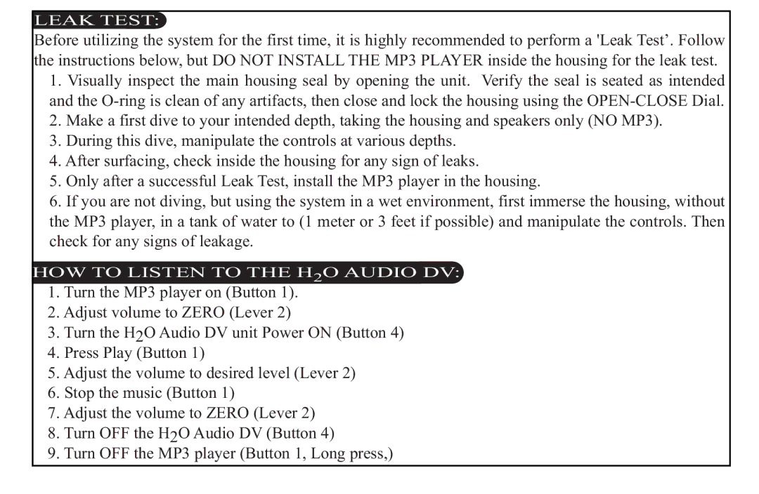 H2O Audio D2-1C1, DV-i700 instruction manual Leak Test, HOW to Listen to the H2O Audio DV 