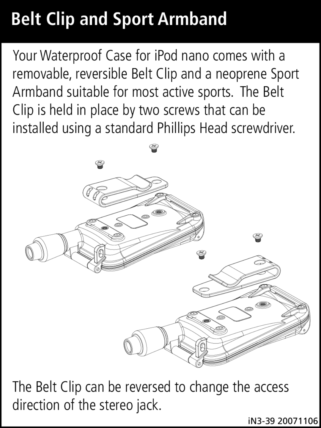 H2O Audio S9-75 20070823, H2O Audio warranty Belt Clip and Sport Armband 