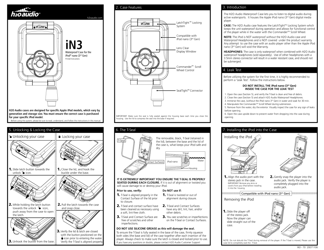 H2O Audio H2O Audio, S9-75 20070823 warranty Unlocking & Locking the Case, Case Features, T-Seal, Introduction, Leak Test 