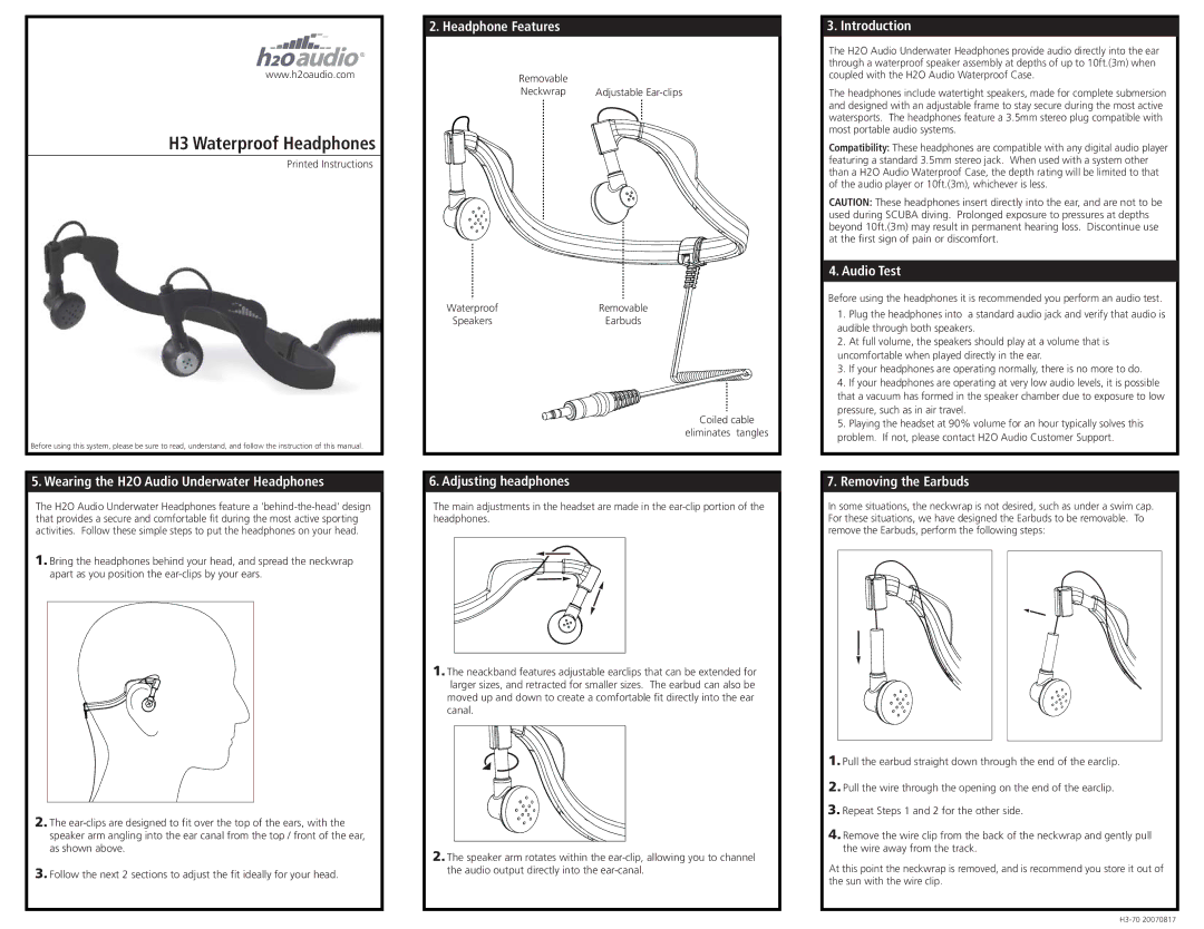 H2O Audio H3-5A1 manual Wearing the H2O Audio Underwater Headphones, Headphone Features, Adjusting headphones, Introduction 