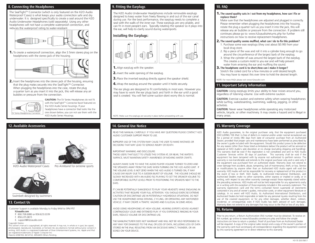 H2O Audio H3-5A1 Connecting the Headphones, Available Accessories, Contact Us, Fitting the Earplugs, General Use Notice 