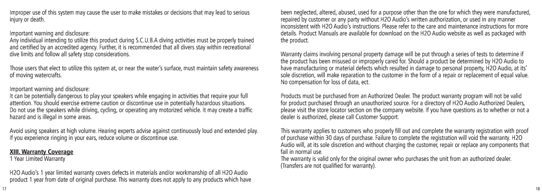 H2O Audio iDV1-75, iDV1-5A1 manual XIII. Warranty Coverage 