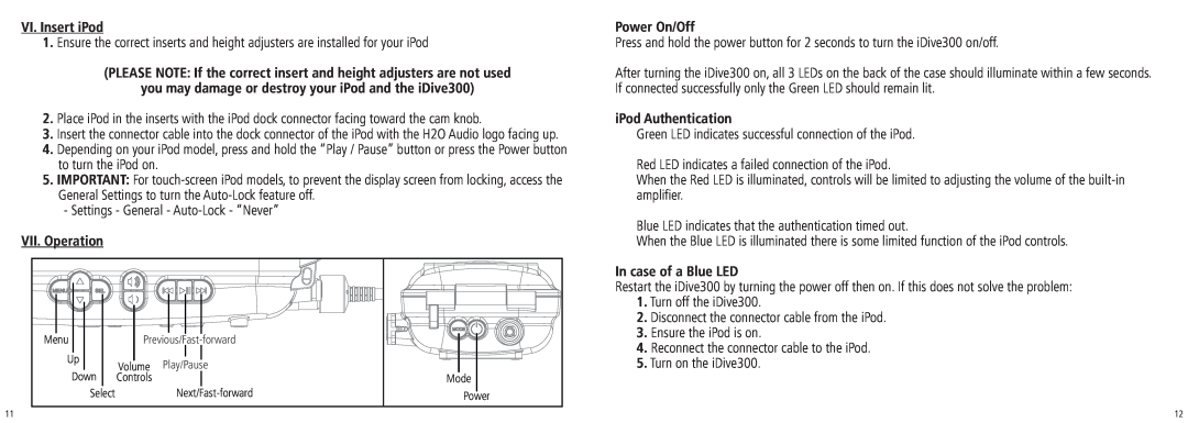 H2O Audio iDV1-5A1, iDV1-75 manual VI. Insert iPod, VII. Operation, Power On/Off, iPod Authentication, In case of a Blue LED 