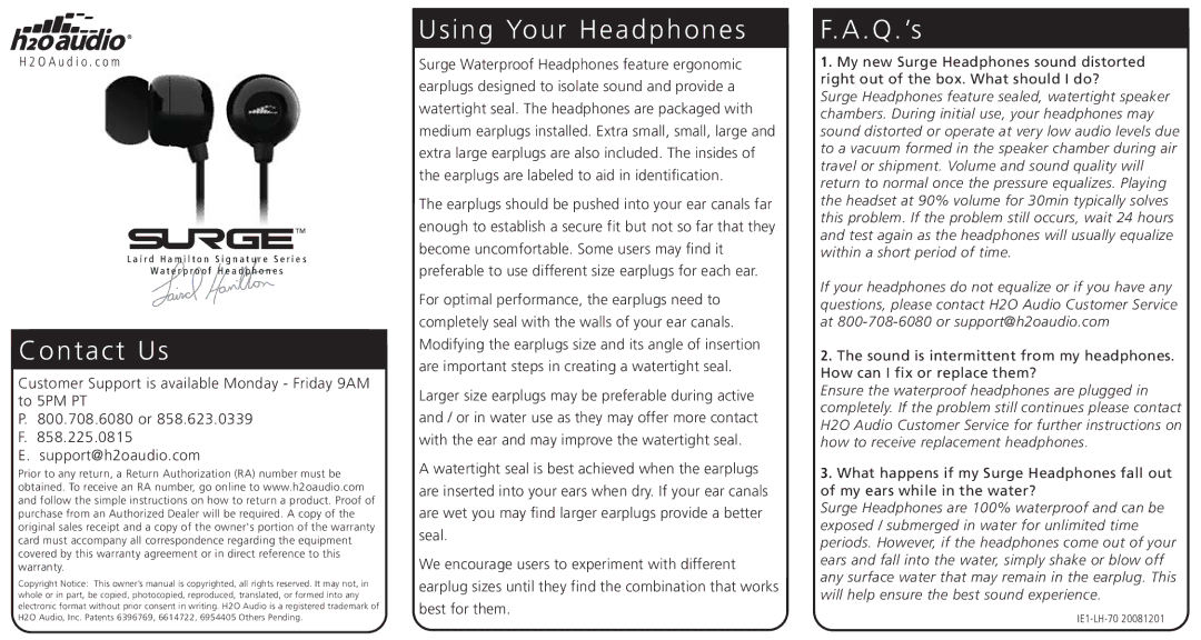 H2O Audio IE1-LH-70, 20081201 manual Contact Us, Using Your Headphones, Q.’s 