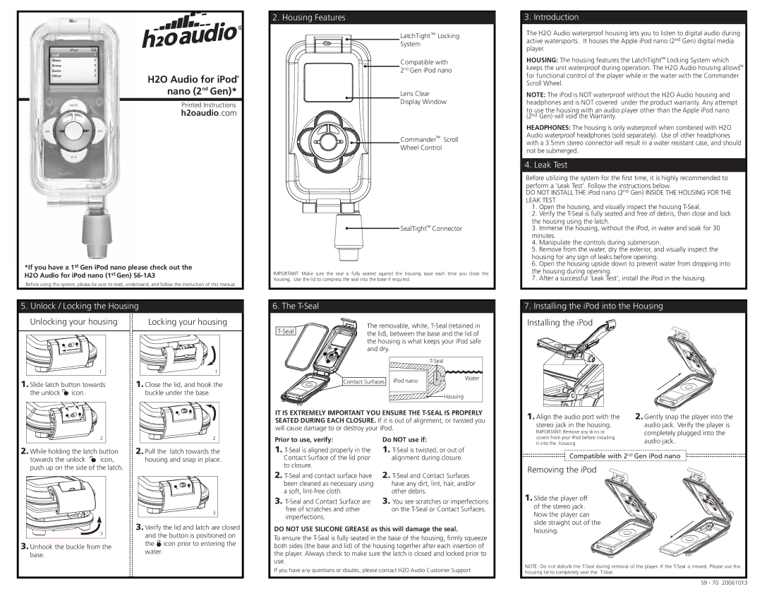 H2O Audio iN2, S9-1A3 H2O Audio for iPod nano 2nd Gen, Unlock / Locking the Housing Housing Features, T-Seal Introduction 