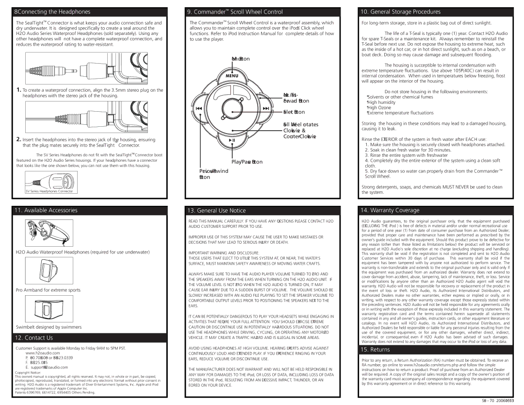 H2O Audio S9-1A3 Connecting the Headphones, Available Accessories, Contact Us, CommanderTM Scroll Wheel Control, Returns 