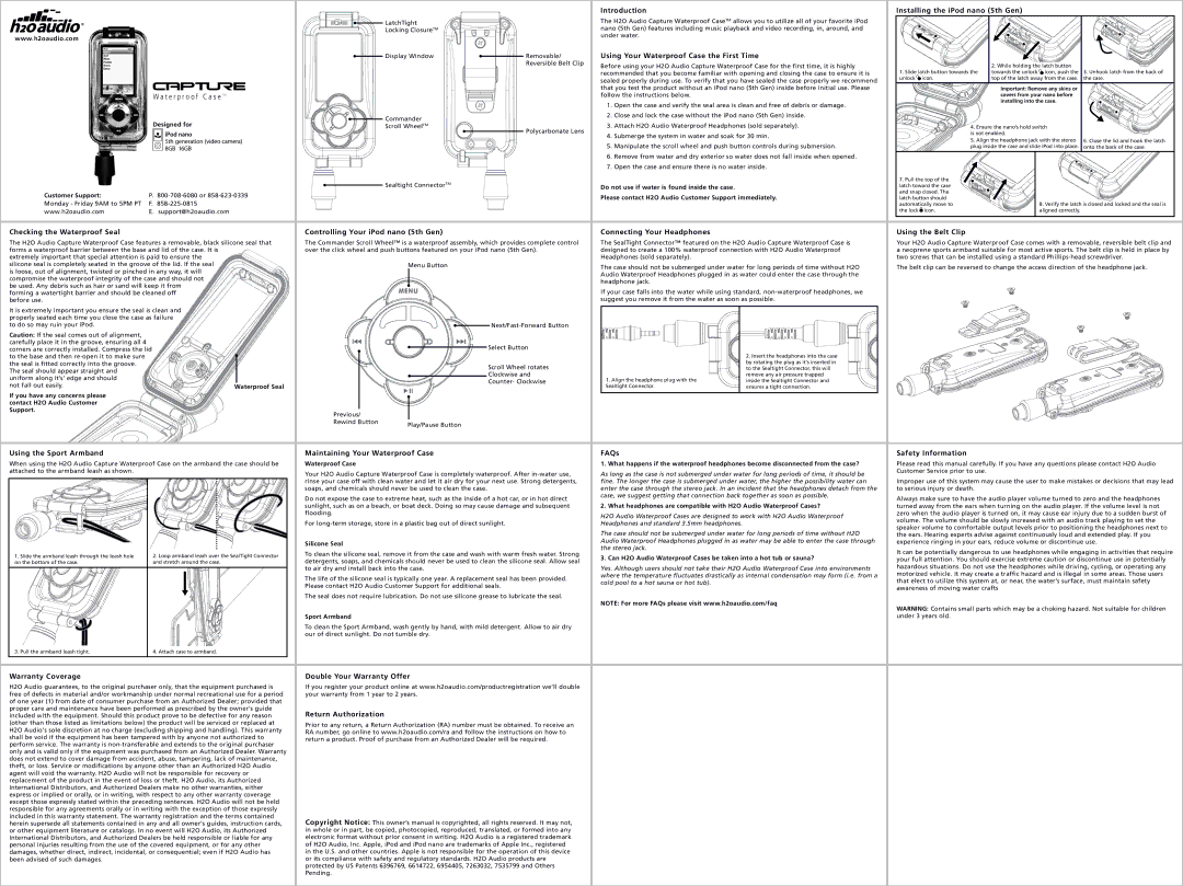 H2O Audio iN5-BK, iN5-70 warranty Installing the iPod nano 5th Gen, Using the Belt Clip, Safety Information 