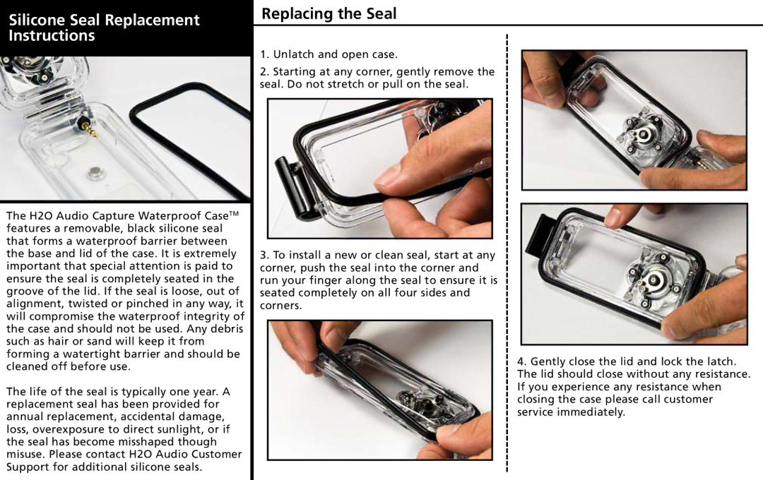 H2O Audio iN5-70, iN5-BK warranty Silicone Seal Replacement Instructions, Replacing the Seal 