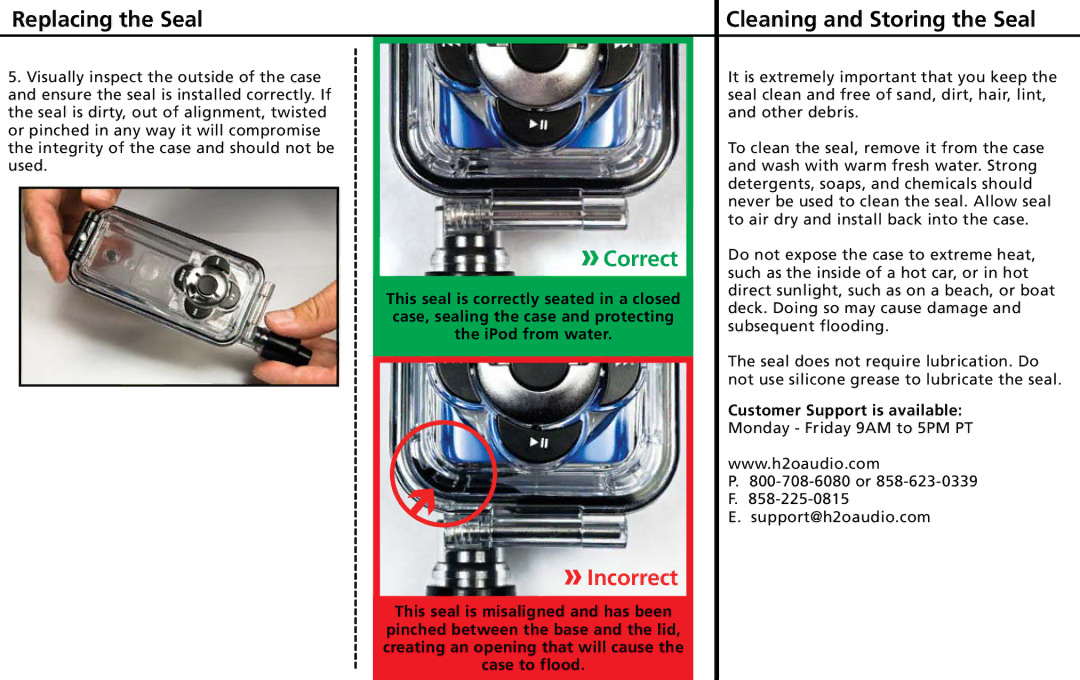 H2O Audio iN5-BK, iN5-70 warranty Replacing the Seal Cleaning and Storing the Seal, Correct, Incorrect 