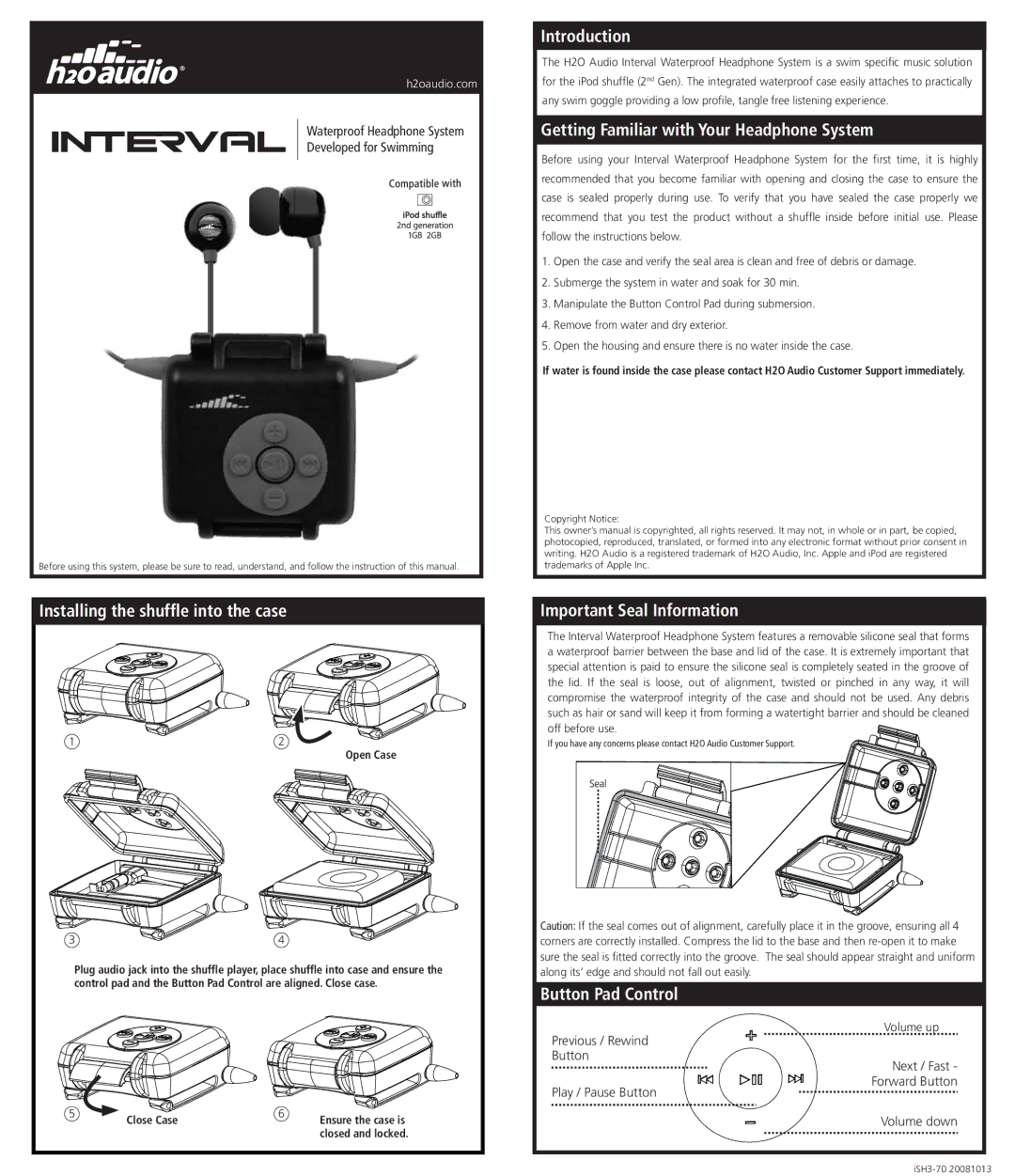 H2O Audio iSH3-5A1 Installing the shuffle into the case, Introduction, Getting Familiar with Your Headphone System 