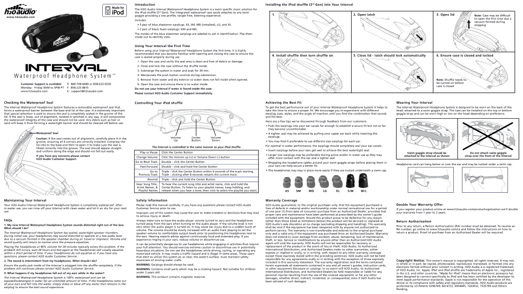 H2O Audio iSH4-70, iSH4-5A1 warranty Introduction, Using Your Interval the First Time, Maintaining Your Interval, FAQs 