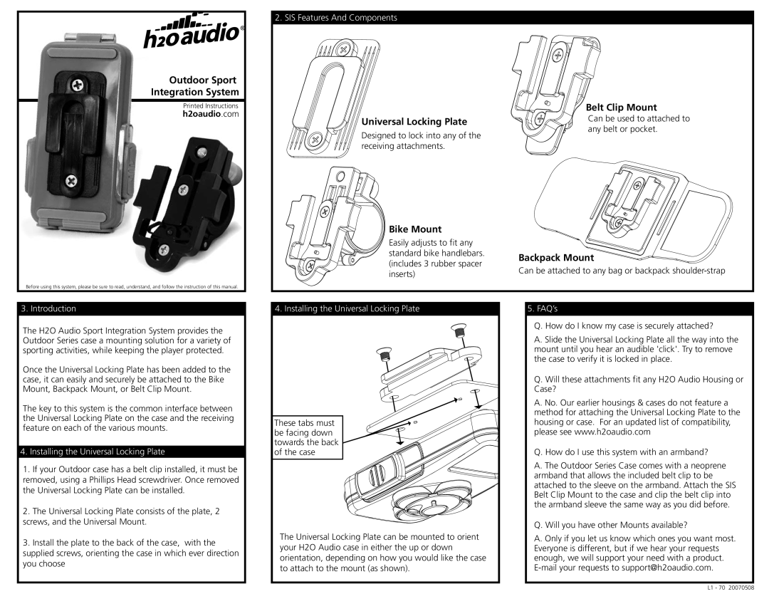 H2O Audio iV6-75, L1-1A1 manual SIS Features And Components, Introduction, Installing the Universal Locking Plate, FAQ’s 