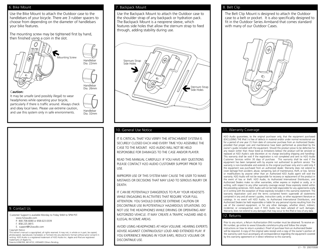 H2O Audio L1-1A1, iV6-75 Bike Mount, Backpack Mount, Belt Clip, Contact Us, General Use Notice, Warranty Coverage, Returns 