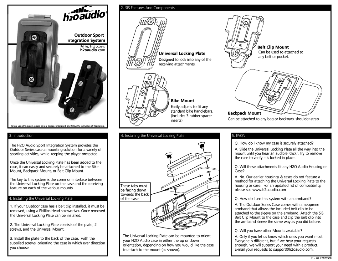 H2O Audio iV6-75 SIS Features And Components, Introduction, Installing the Universal Locking Plate, FAQ’s, Bike Mount 