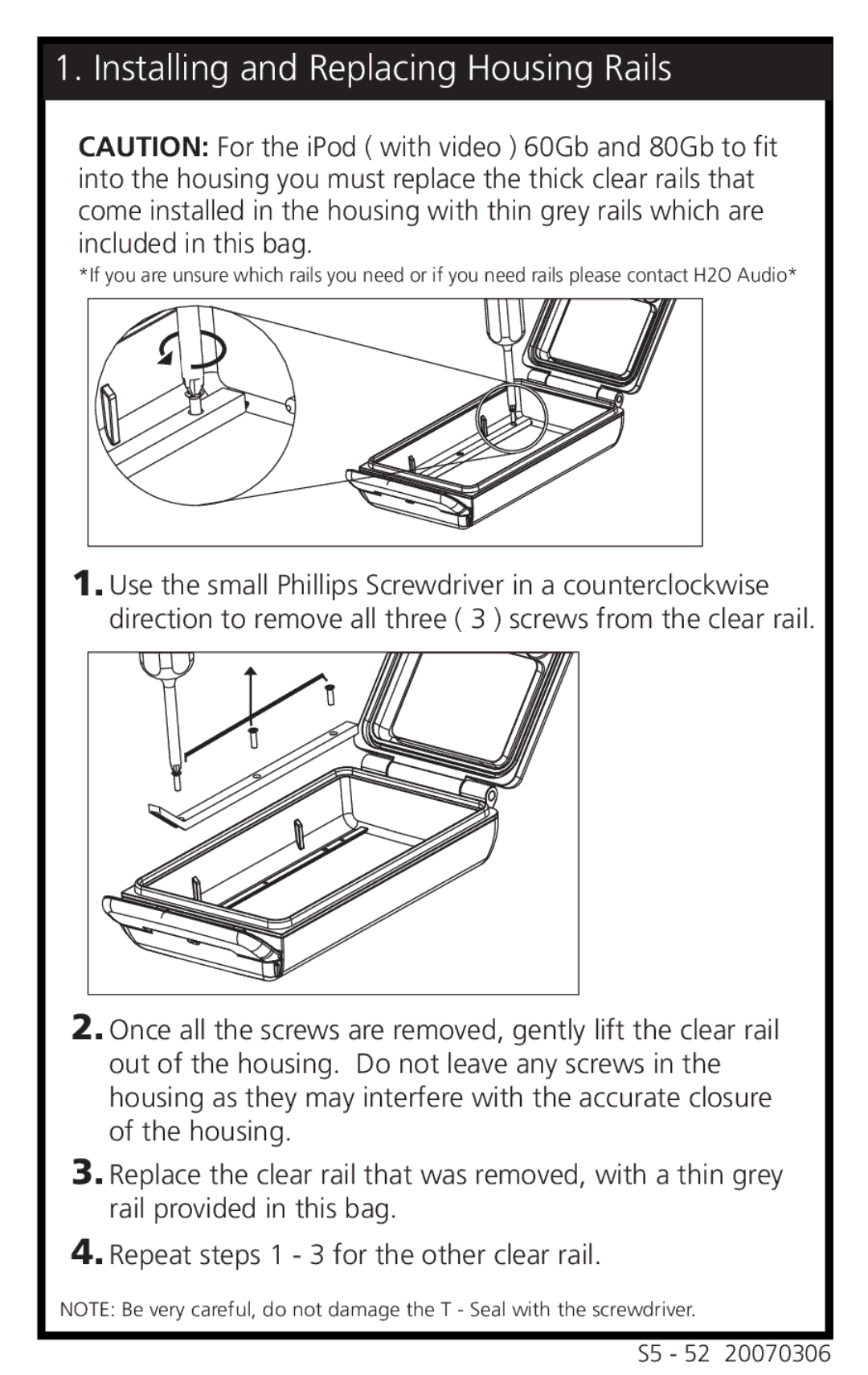 H2O Audio S5 warranty Installing and Replacing Housing Rails 