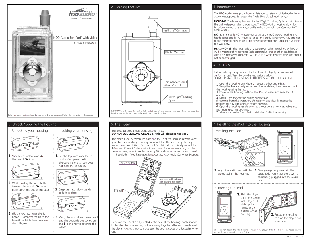 H2O Audio S5 warranty Housing Features, Introduction, Leak Test, Unlock / Locking the Housing, T-Seal 