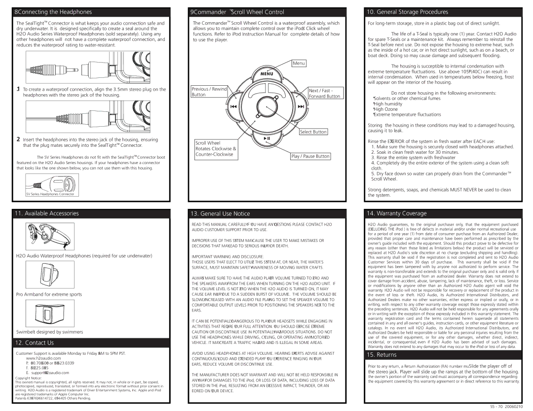 H2O Audio S5 Connecting the Headphones, Available Accessories, Contact Us, CommanderTM Scroll Wheel Control, Returns 