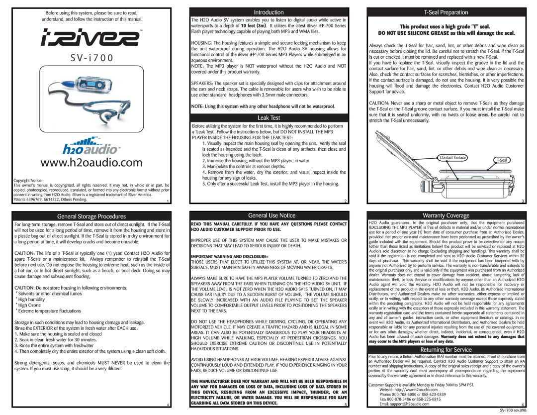 H2O Audio S1-1A1, SV-i700, iFP-700 manual 