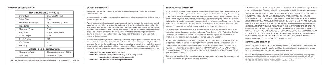 H2O Audio X-1 manual Product Specifications Headphone Specifications, Microphone Specifications, Safety Information 