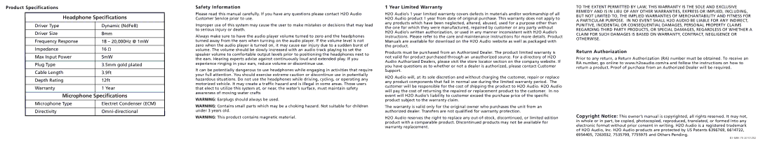 H2O Audio SM, XS, XL, LG, MD manual Headphone Specifications, Microphone Specifications 