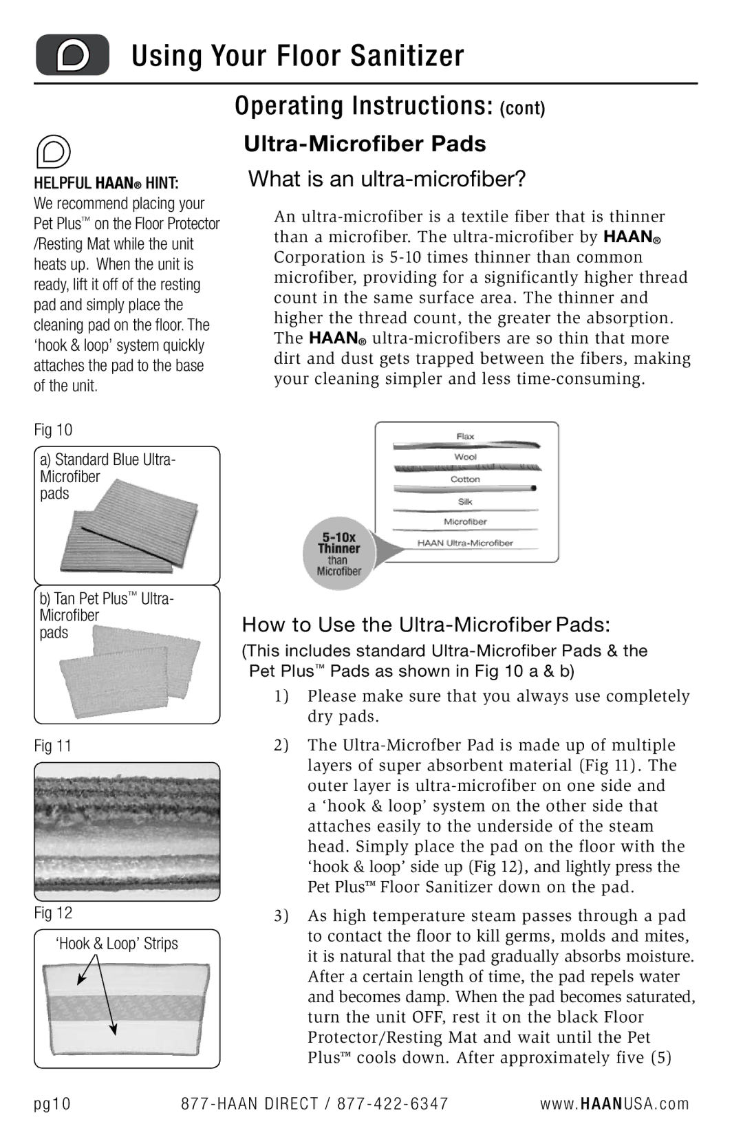 Haan FS-30P+ user manual How to Use the Ultra-Microfiber Pads, Pg10 Haan Direct / 877 422 