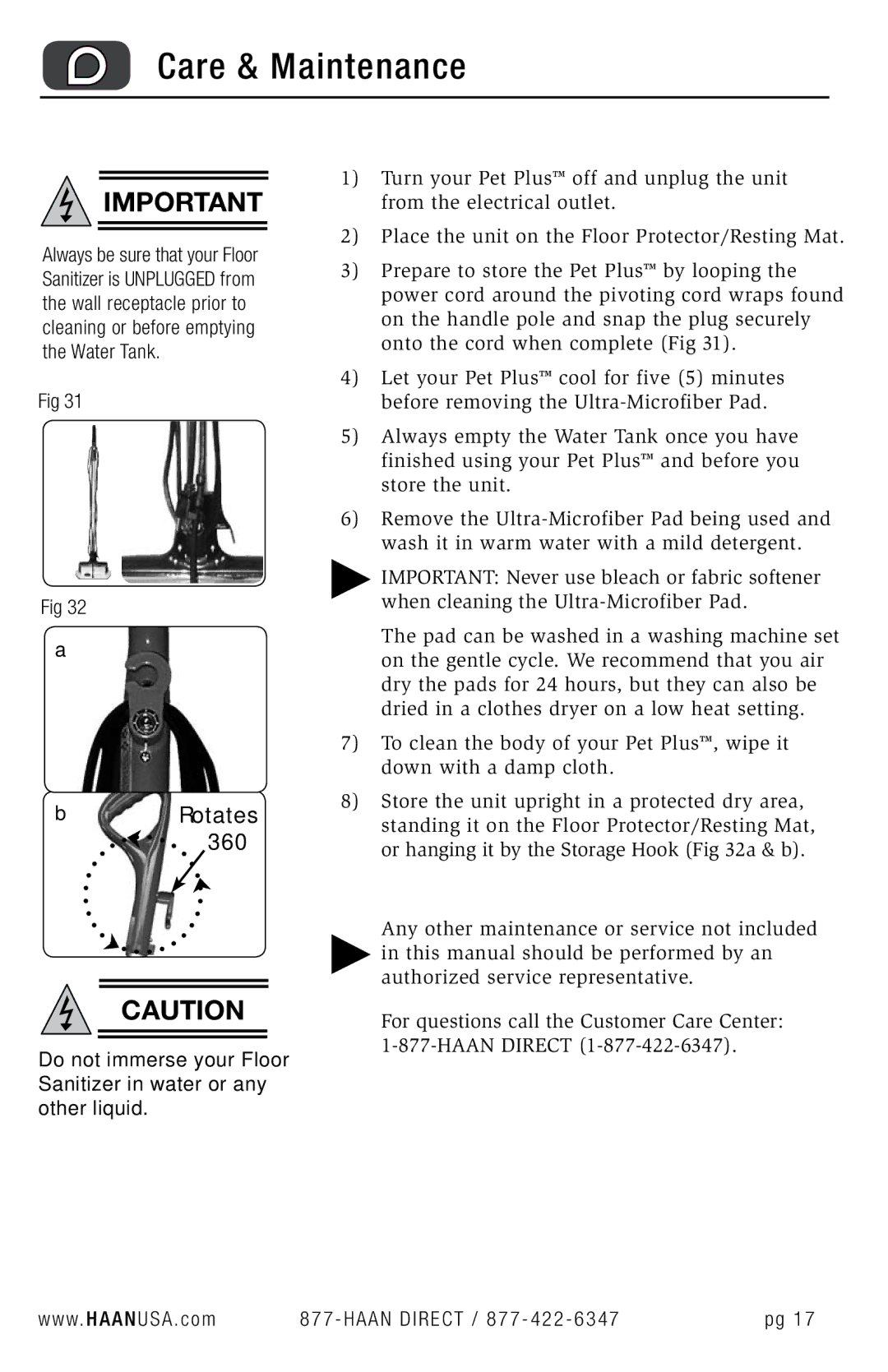 Haan FS-30P+ user manual Care & Maintenance, Rotates 360˚ 