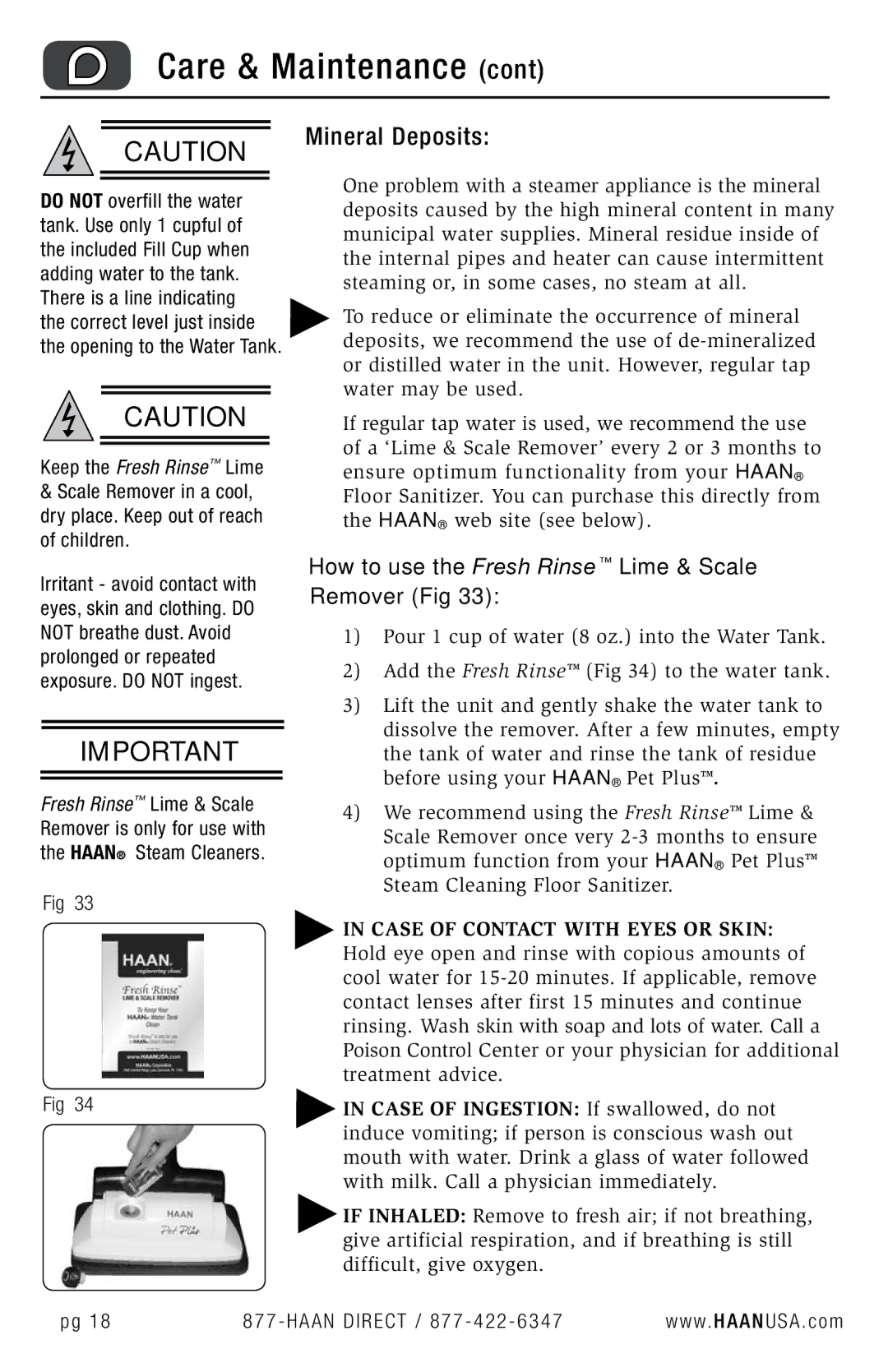 Haan FS-30P+ user manual Mineral Deposits, How to use the Fresh Rinse Lime & Scale Remover Fig 