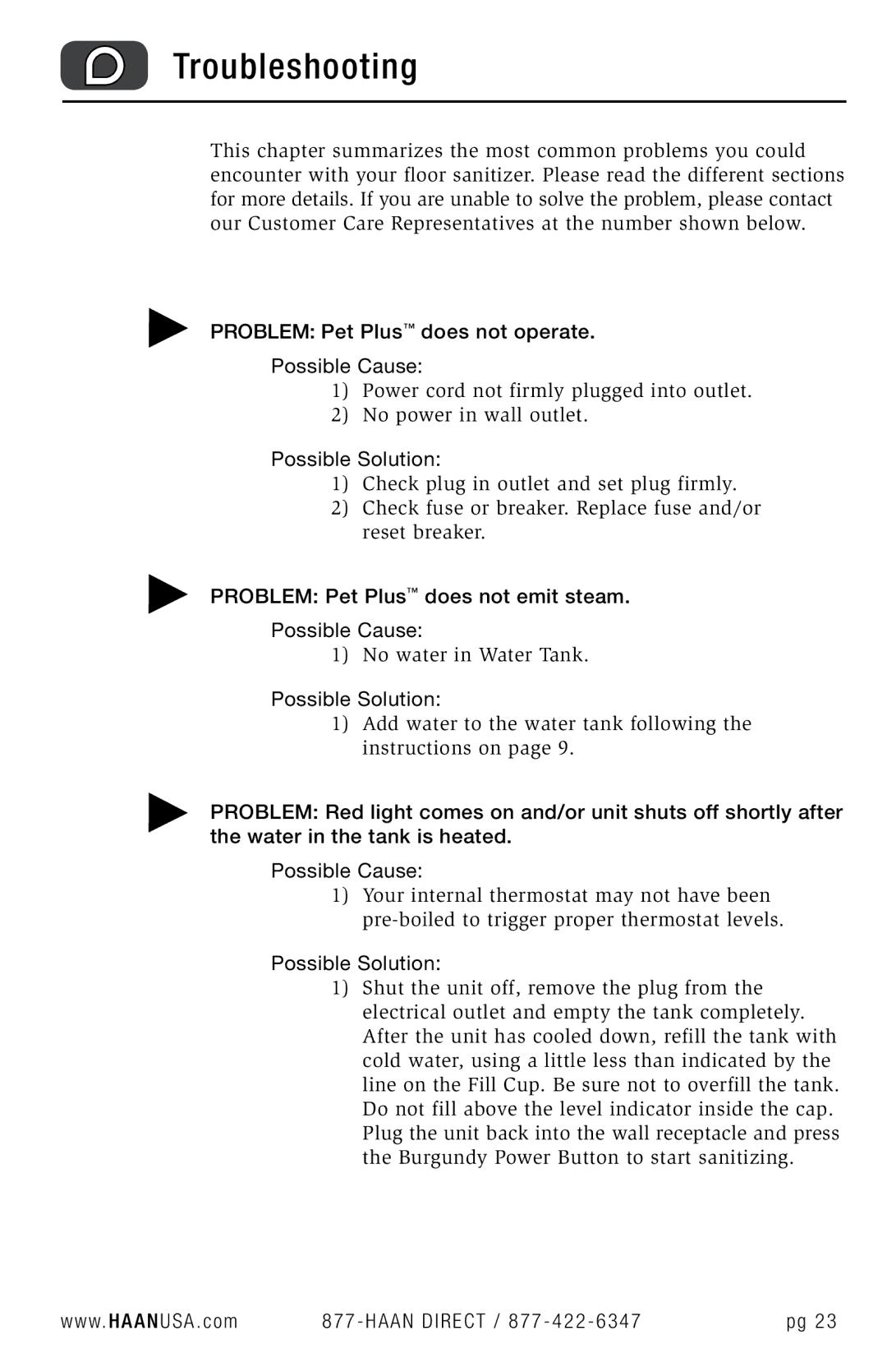 Haan FS-30P+ user manual Troubleshooting, Problem Pet Plus does not operate Possible Cause, Possible Solution 