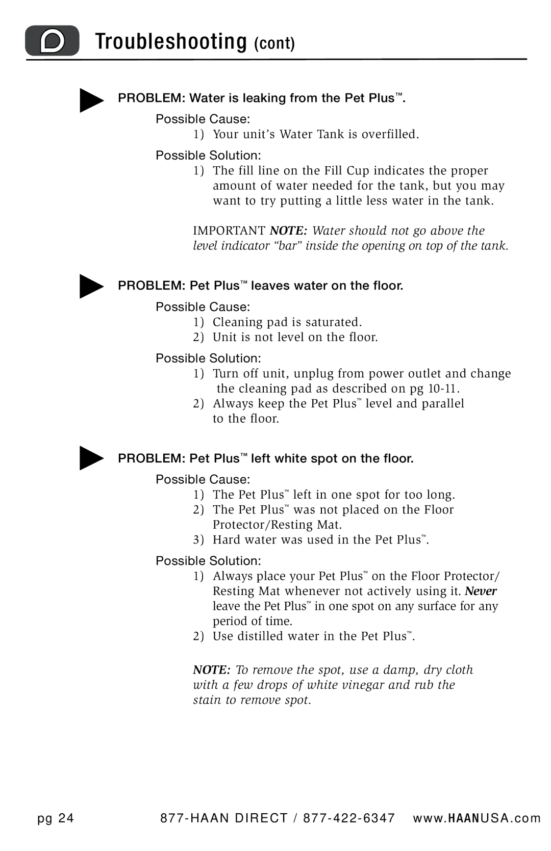 Haan FS-30P+ user manual Problem Water is leaking from the Pet Plus Possible Cause 