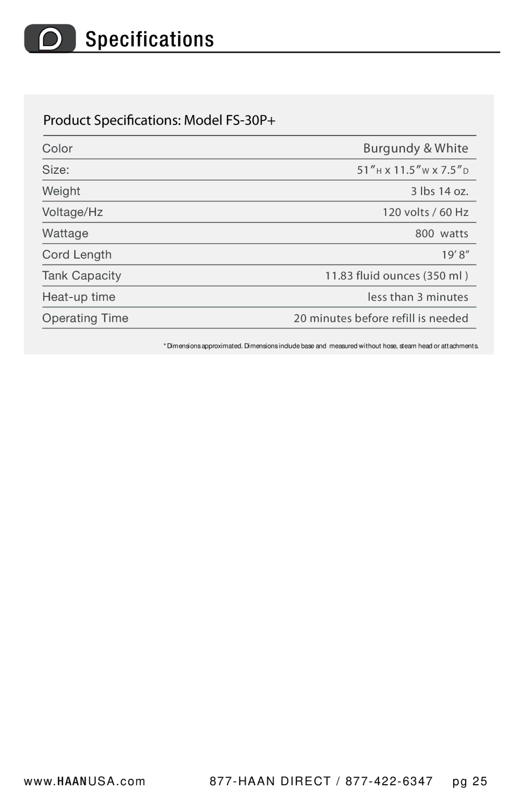 Haan user manual Product Specifications Model FS-30P+ 