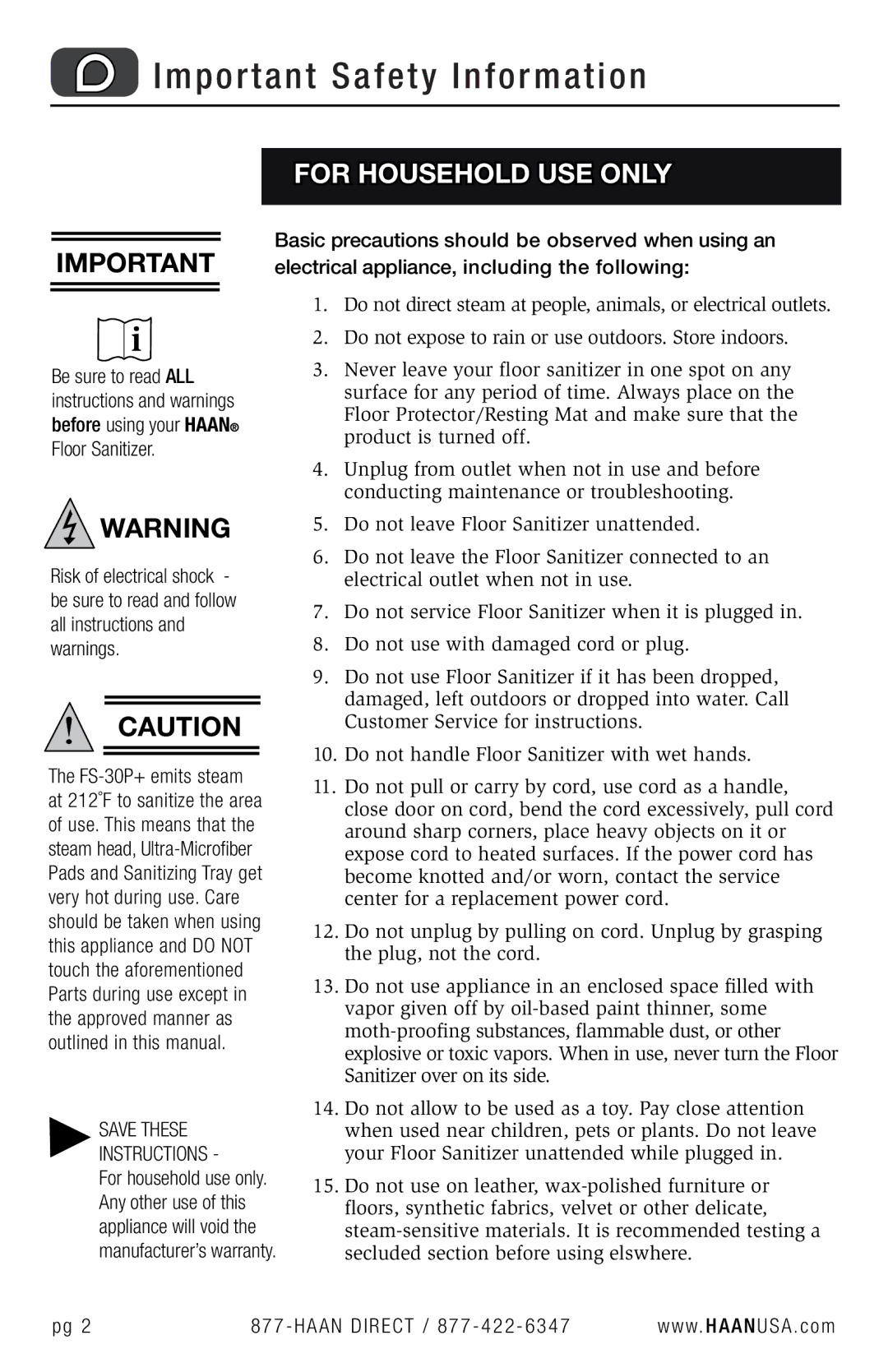 Haan FS-30P+ user manual Important Safety Information 