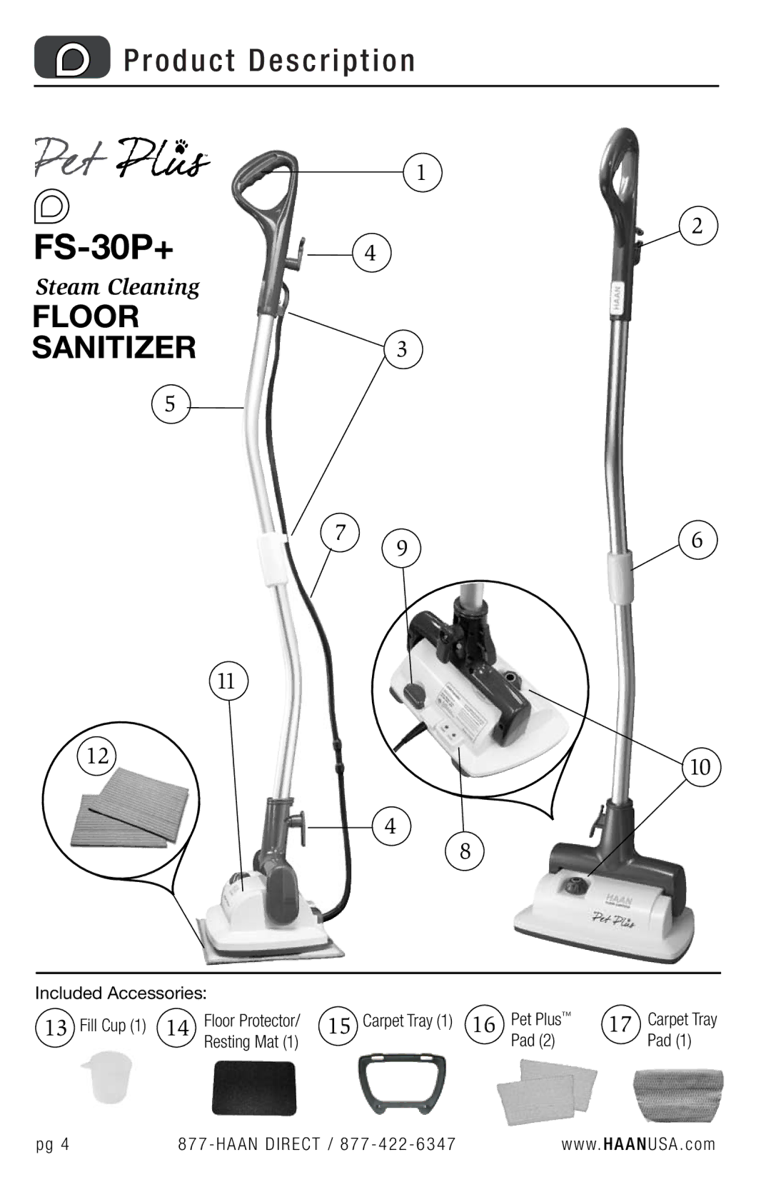 Haan FS-30P+ user manual Included Accessories Fill Cup 1, Pet Plus, Pad Haan Direct / 877 422 