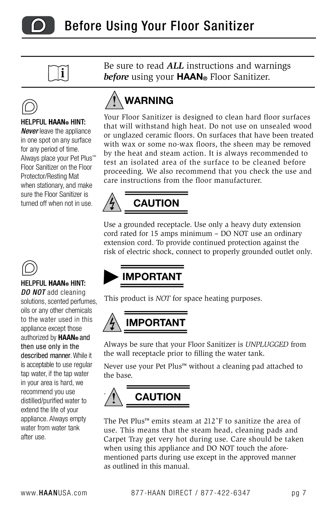 Haan FS-30P+ user manual Before Using Your Floor Sanitizer, W. H a a N USA . com Haan Direct / 877 422 