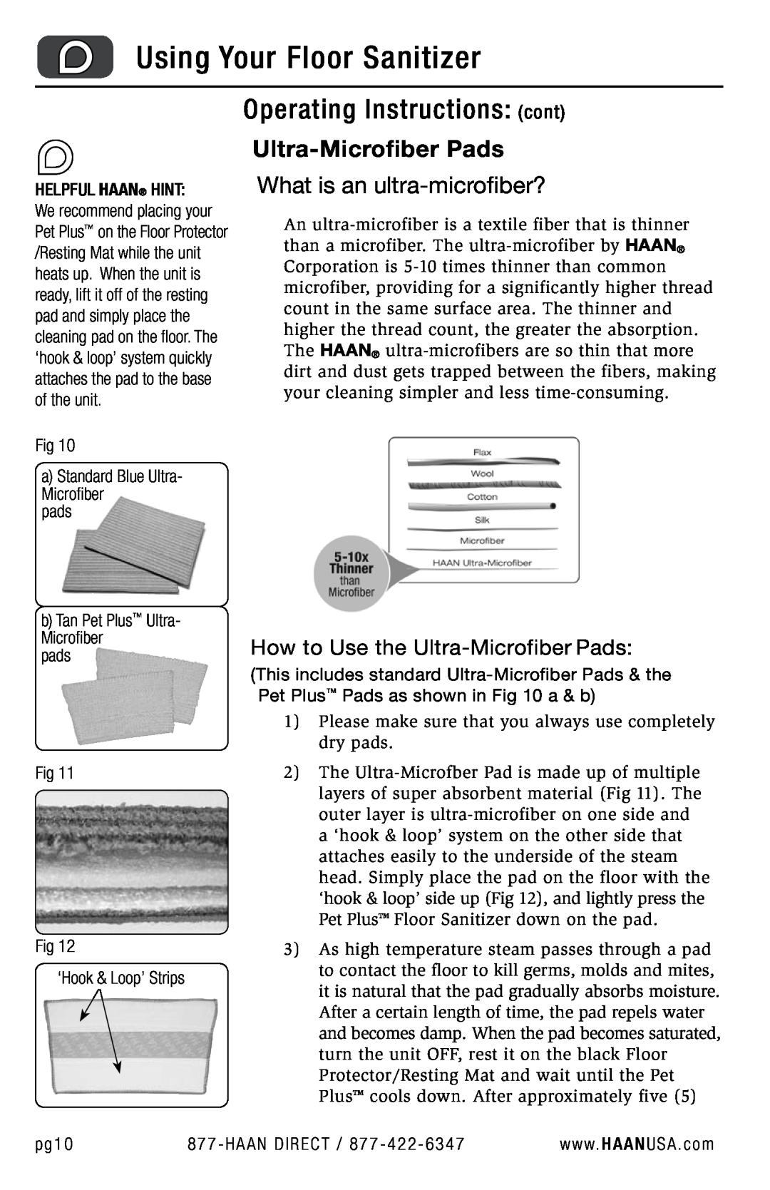 Haan FS-30P+ user manual Operating Instructions cont, How to Use the Ultra-Microfiber Pads, Using Your Floor Sanitizer 