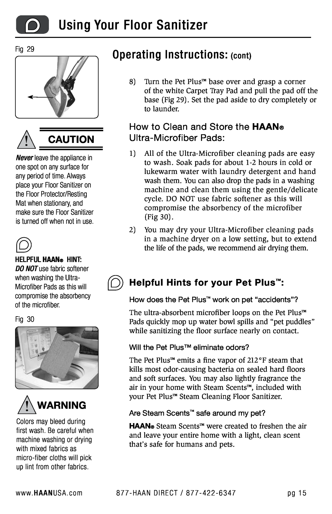 Haan FS-30P+ user manual How to Clean and Store the HAAN Ultra-Microfiber Pads, Using Your Floor Sanitizer 
