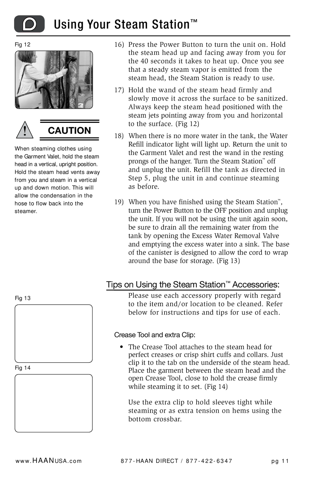 Haan GS-60 user manual Tips on Using the Steam Station Accessories, Crease Tool and extra Clip 