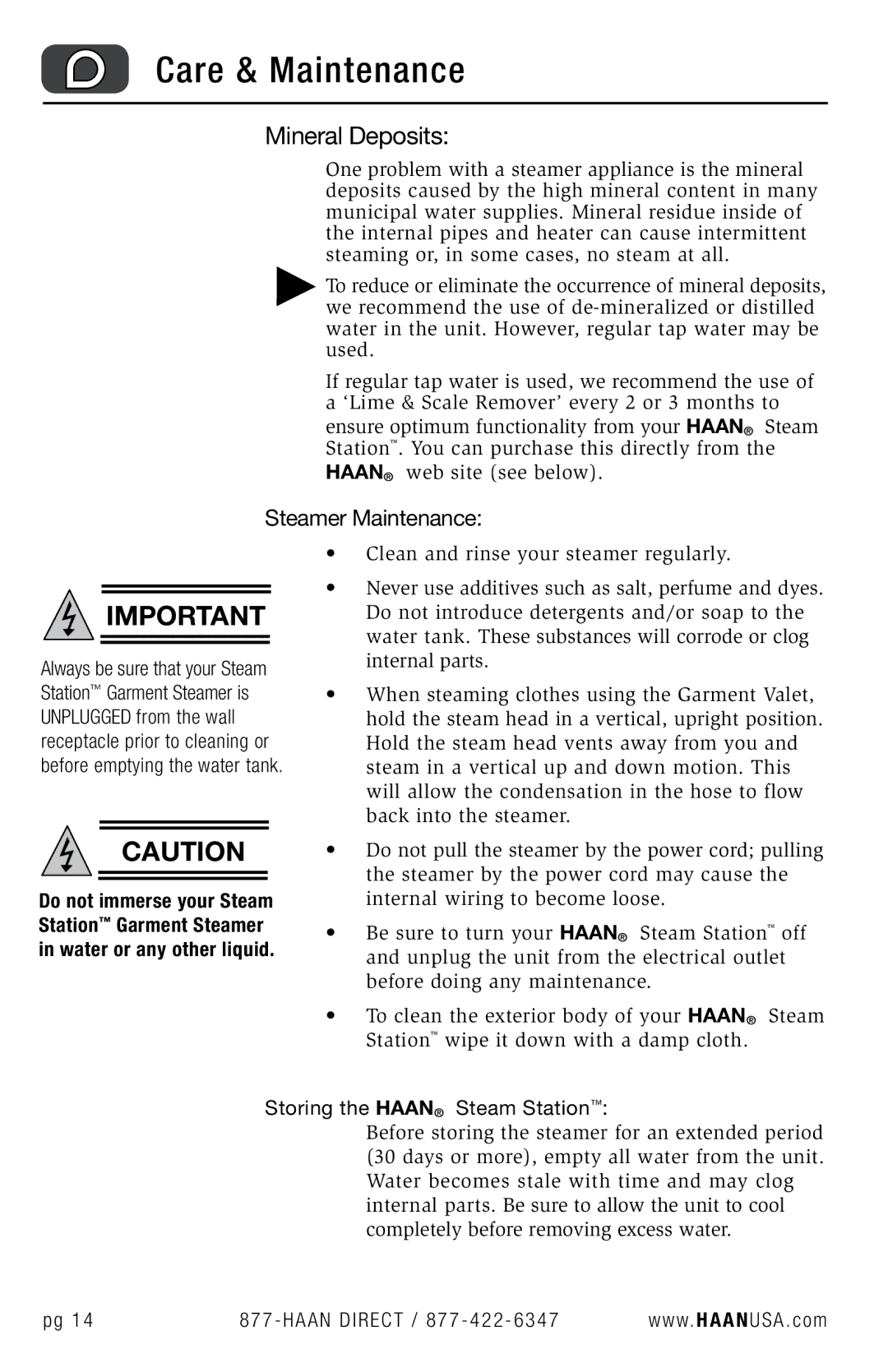 Haan GS-60 user manual Care & Maintenance, Mineral Deposits, Never use additives such as salt, perfume and dyes 