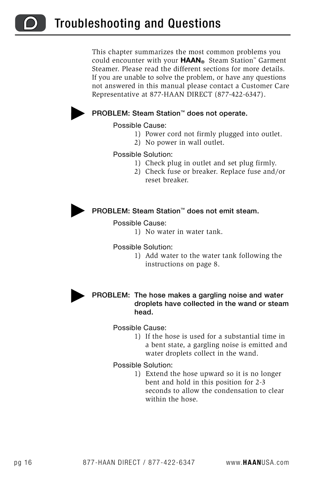 Haan GS-60 Troubleshooting and Questions, Problem Steam Station does not operate Possible Cause, Possible Solution 